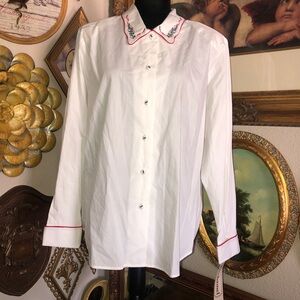VINTAGE 100%cotton Bechamel Christmas Long Sleeve Button Up Blouse SZ L